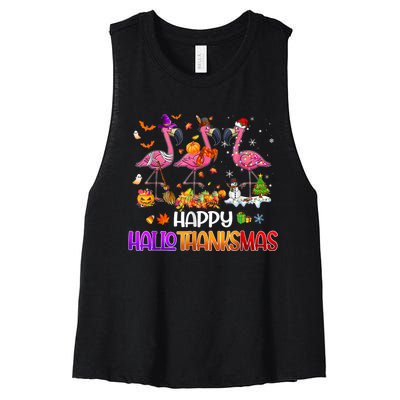 Flamingo Halloween Merry Christmas Happy Hallothanksmas Women's Racerback Cropped Tank