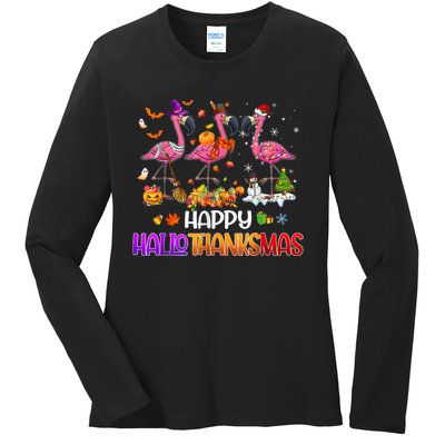 Flamingo Halloween Merry Christmas Happy Hallothanksmas Ladies Long Sleeve Shirt