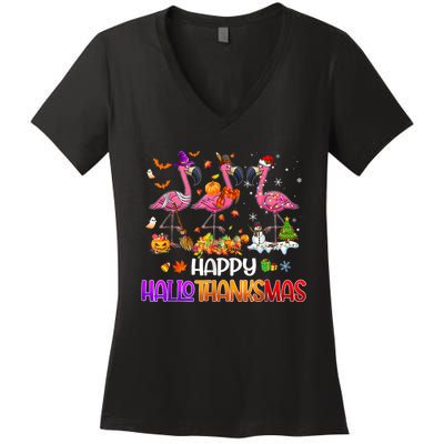 Flamingo Halloween Merry Christmas Happy Hallothanksmas Women's V-Neck T-Shirt