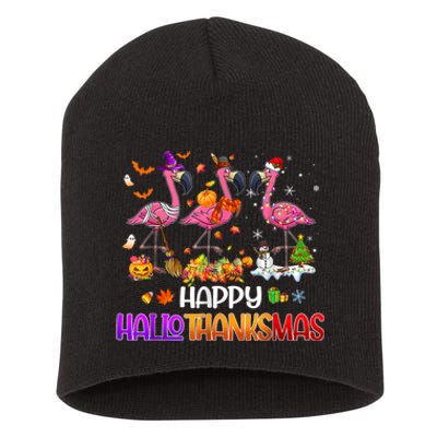 Flamingo Halloween Merry Christmas Happy Hallothanksmas Short Acrylic Beanie