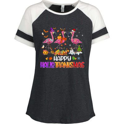 Flamingo Halloween Merry Christmas Happy Hallothanksmas Enza Ladies Jersey Colorblock Tee