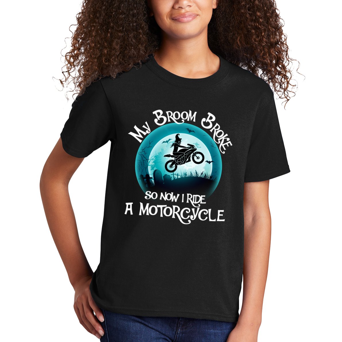 Funny Halloween My Broom Broke So Now I Ride A Motorcycle Kids T-Shirt