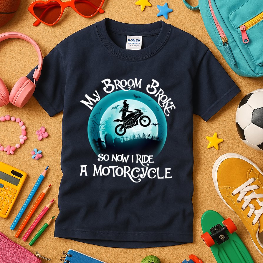 Funny Halloween My Broom Broke So Now I Ride A Motorcycle Kids T-Shirt