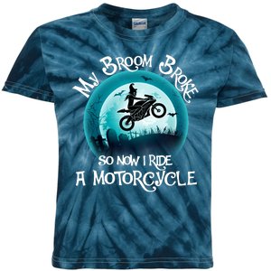 Funny Halloween My Broom Broke So Now I Ride A Motorcycle Kids Tie-Dye T-Shirt