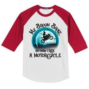 Funny Halloween My Broom Broke So Now I Ride A Motorcycle Kids Colorblock Raglan Jersey