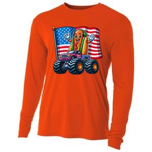 Funny Hotdog Monster Truck 4th Of July American Flag Gift Cooling Performance Long Sleeve Crew