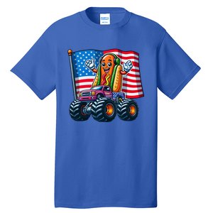 Funny Hotdog Monster Truck 4th Of July American Flag Gift Tall T-Shirt