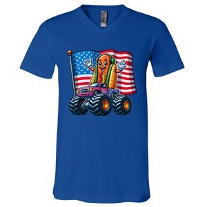 Funny Hotdog Monster Truck 4th Of July American Flag Gift V-Neck T-Shirt