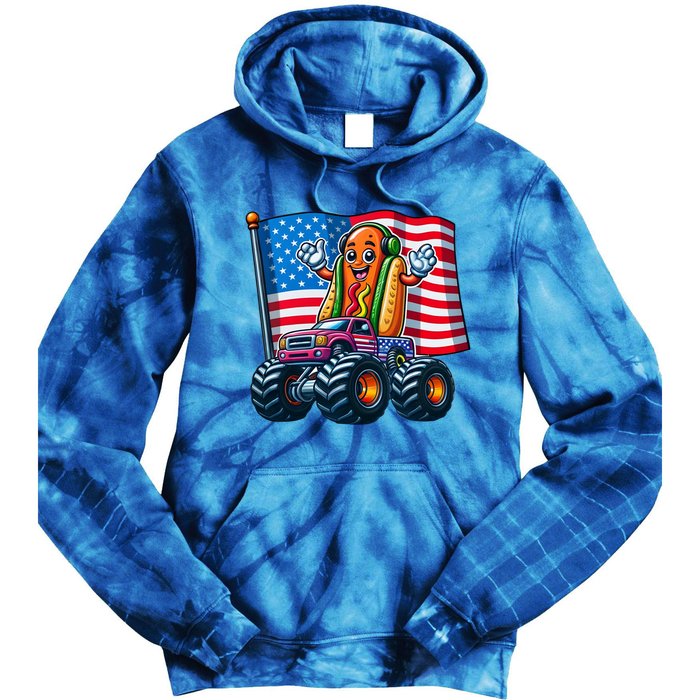 Funny Hotdog Monster Truck 4th Of July American Flag Gift Tie Dye Hoodie