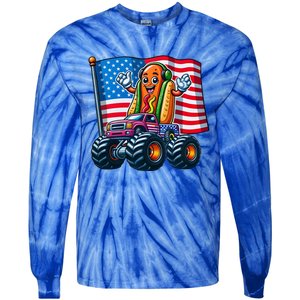 Funny Hotdog Monster Truck 4th Of July American Flag Gift Tie-Dye Long Sleeve Shirt