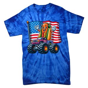 Funny Hotdog Monster Truck 4th Of July American Flag Gift Tie-Dye T-Shirt