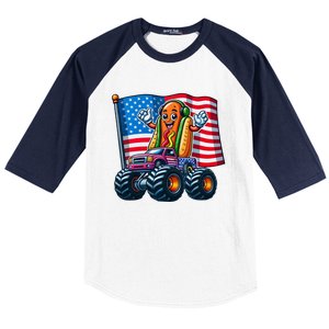 Funny Hotdog Monster Truck 4th Of July American Flag Gift Baseball Sleeve Shirt