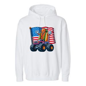 Funny Hotdog Monster Truck 4th Of July American Flag Gift Garment-Dyed Fleece Hoodie