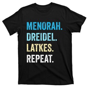 Funny Hanukkah Menorah Dreidel Latkes Repeat Jewish Chanukah  T-Shirt