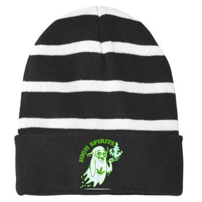 Funny Halloween Marijuana Cannabis Ghost Design Weed Smokers Striped Beanie with Solid Band