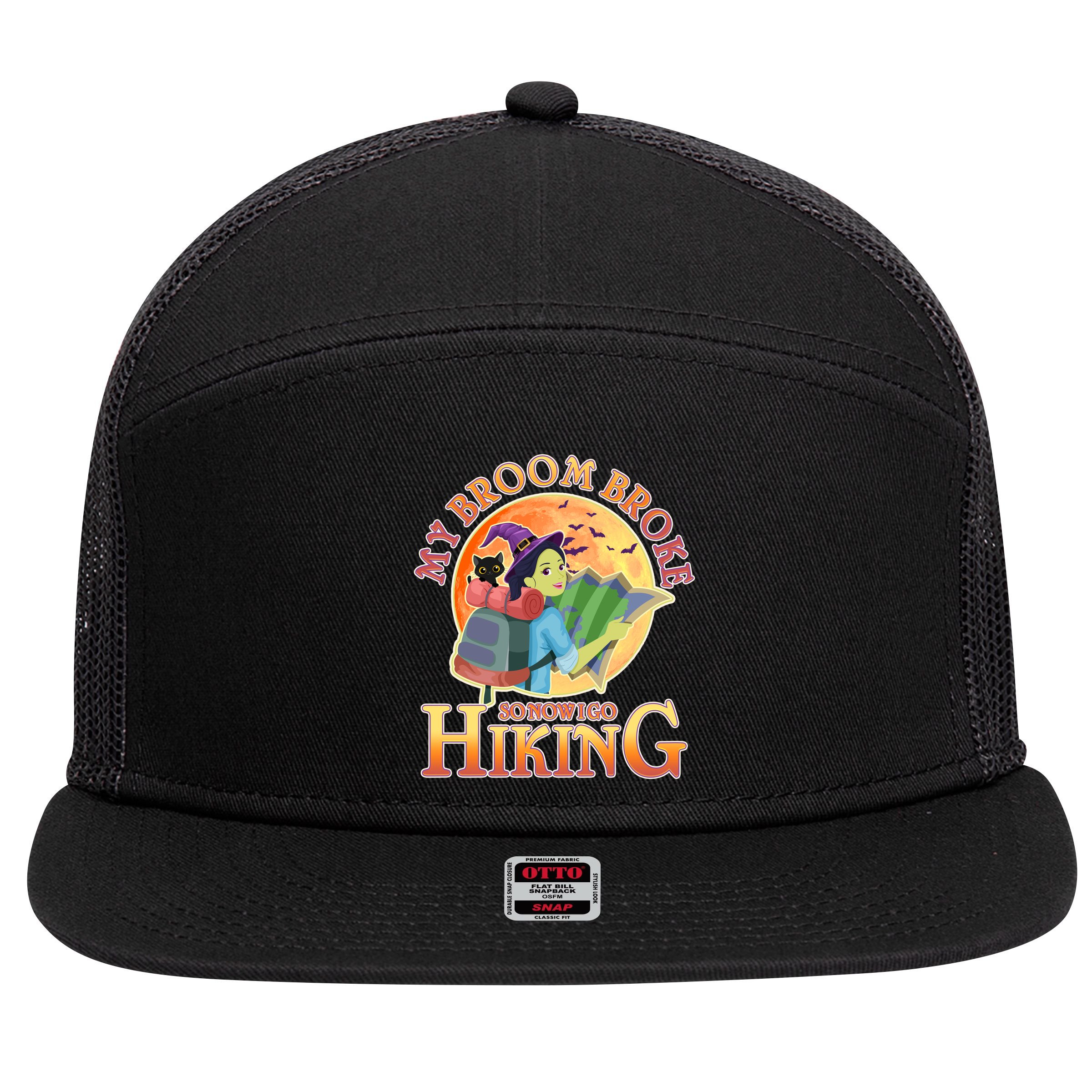 Funny Halloween My Broom Broke So Now I Go Hiking 7 Panel Mesh Trucker Snapback Hat