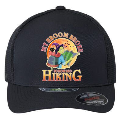 Funny Halloween My Broom Broke So Now I Go Hiking Flexfit Unipanel Trucker Cap