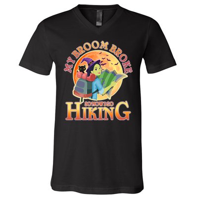 Funny Halloween My Broom Broke So Now I Go Hiking V-Neck T-Shirt