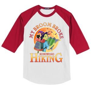 Funny Halloween My Broom Broke So Now I Go Hiking Kids Colorblock Raglan Jersey