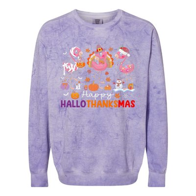 Flamingo Halloween Merry Christmas Happy Hallothanksmas Colorblast Crewneck Sweatshirt