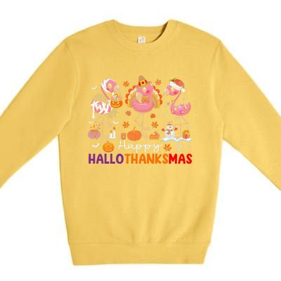 Flamingo Halloween Merry Christmas Happy Hallothanksmas Premium Crewneck Sweatshirt