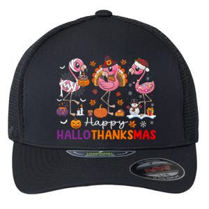 Flamingo Halloween Merry Christmas Happy Hallothanksmas Flexfit Unipanel Trucker Cap