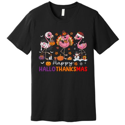 Flamingo Halloween Merry Christmas Happy Hallothanksmas Premium T-Shirt