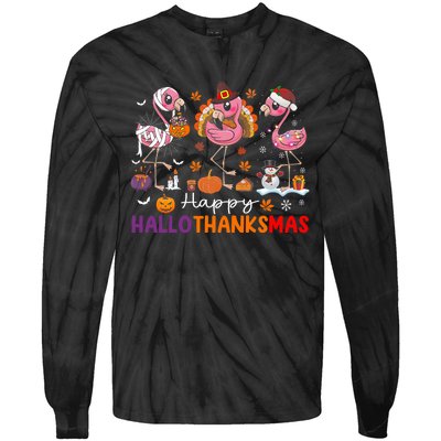 Flamingo Halloween Merry Christmas Happy Hallothanksmas Tie-Dye Long Sleeve Shirt