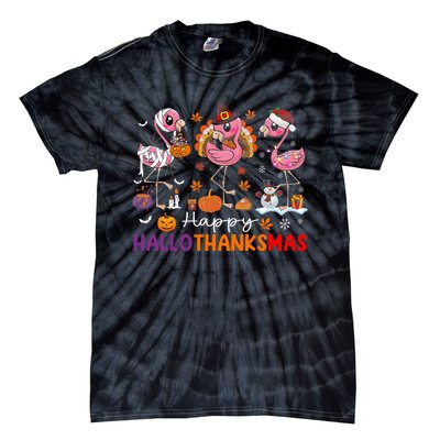 Flamingo Halloween Merry Christmas Happy Hallothanksmas Tie-Dye T-Shirt