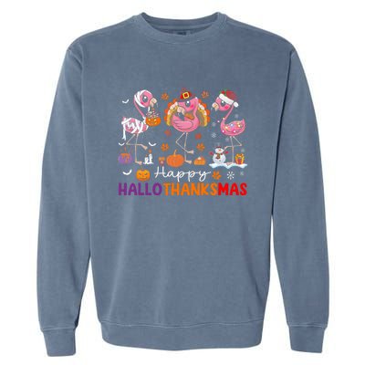 Flamingo Halloween Merry Christmas Happy Hallothanksmas Garment-Dyed Sweatshirt