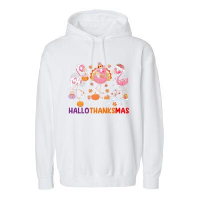 Flamingo Halloween Merry Christmas Happy Hallothanksmas Garment-Dyed Fleece Hoodie