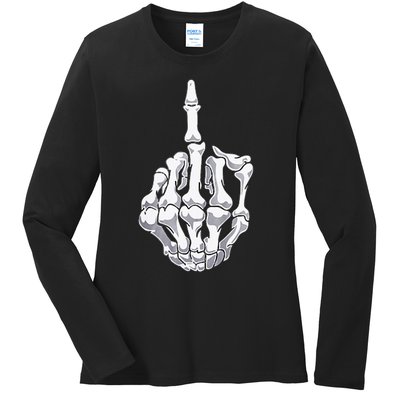 Funny Halloween Middle Finger Skeleton Hand Skull Adult Gift Ladies Long Sleeve Shirt