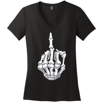 Funny Halloween Middle Finger Skeleton Hand Skull Adult Gift Women's V-Neck T-Shirt