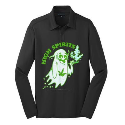 Funny Halloween Marijuana Cannabis Ghost Design Weed Smokers Silk Touch Performance Long Sleeve Polo