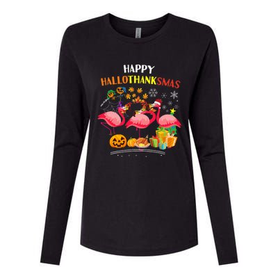 Flamingo Halloween Merry Christmas Happy Hallothanksmas Womens Cotton Relaxed Long Sleeve T-Shirt