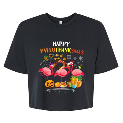 Flamingo Halloween Merry Christmas Happy Hallothanksmas Bella+Canvas Jersey Crop Tee