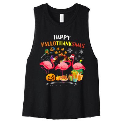 Flamingo Halloween Merry Christmas Happy Hallothanksmas Women's Racerback Cropped Tank