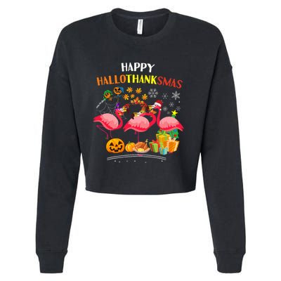 Flamingo Halloween Merry Christmas Happy Hallothanksmas Cropped Pullover Crew