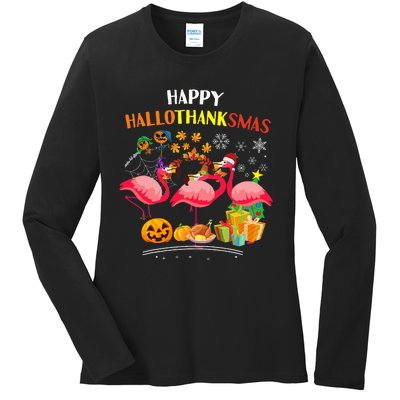 Flamingo Halloween Merry Christmas Happy Hallothanksmas Ladies Long Sleeve Shirt