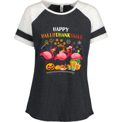 Flamingo Halloween Merry Christmas Happy Hallothanksmas Enza Ladies Jersey Colorblock Tee