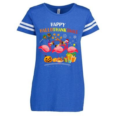 Flamingo Halloween Merry Christmas Happy Hallothanksmas Enza Ladies Jersey Football T-Shirt