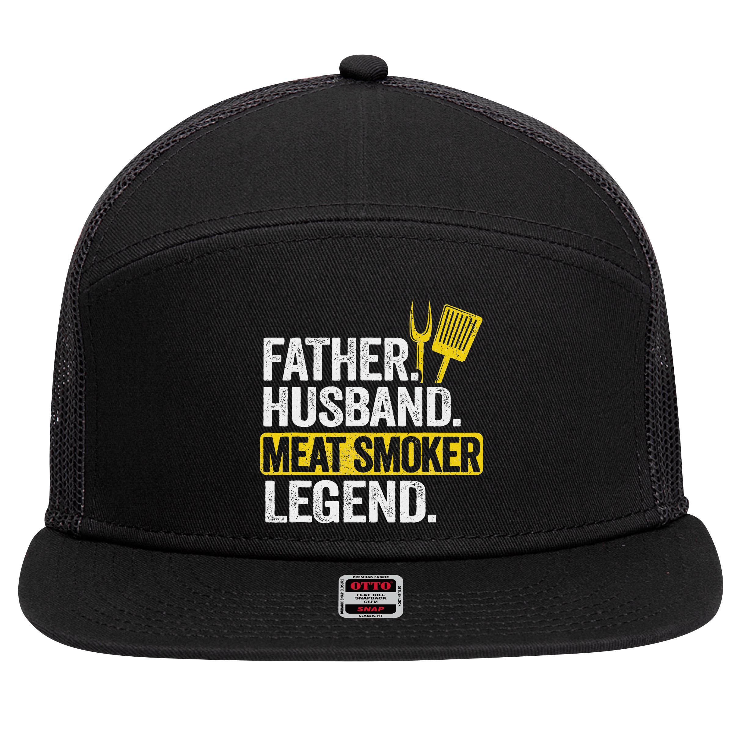 Father Husband Meat Smoker Legend Grilling Dad Meat Smoking 7 Panel Mesh Trucker Snapback Hat
