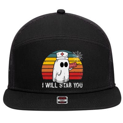 Funny Halloween Nurse Ghost I Will Stab You Retro Gift 7 Panel Mesh Trucker Snapback Hat