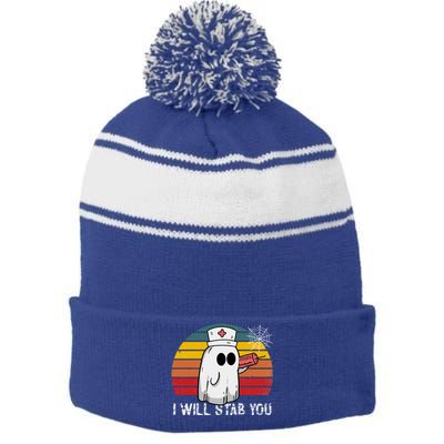 Funny Halloween Nurse Ghost I Will Stab You Retro Gift Stripe Pom Pom Beanie