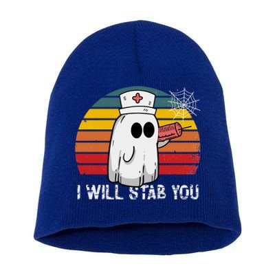 Funny Halloween Nurse Ghost I Will Stab You Retro Gift Short Acrylic Beanie