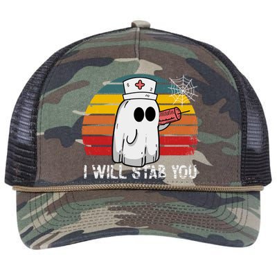 Funny Halloween Nurse Ghost I Will Stab You Retro Gift Retro Rope Trucker Hat Cap