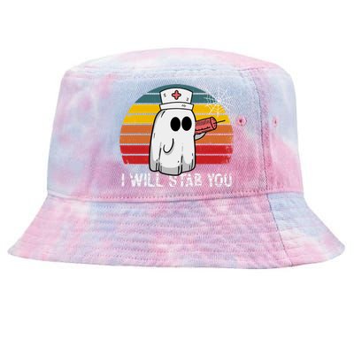 Funny Halloween Nurse Ghost I Will Stab You Retro Gift Tie-Dyed Bucket Hat