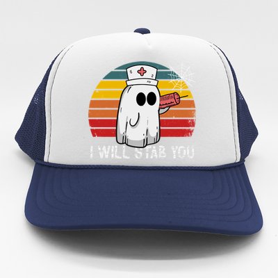 Funny Halloween Nurse Ghost I Will Stab You Retro Gift Trucker Hat