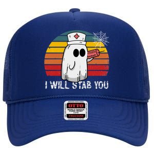 Funny Halloween Nurse Ghost I Will Stab You Retro Gift High Crown Mesh Back Trucker Hat