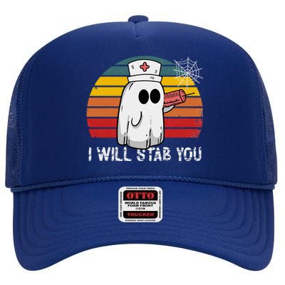 Funny Halloween Nurse Ghost I Will Stab You Retro Gift High Crown Mesh Back Trucker Hat